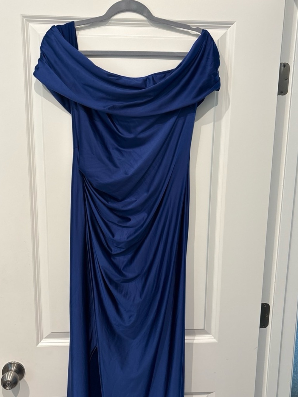 Memoriesea Women’s Large Off-Shoulder Navy Blue Draped Gown Wedding Formal Party